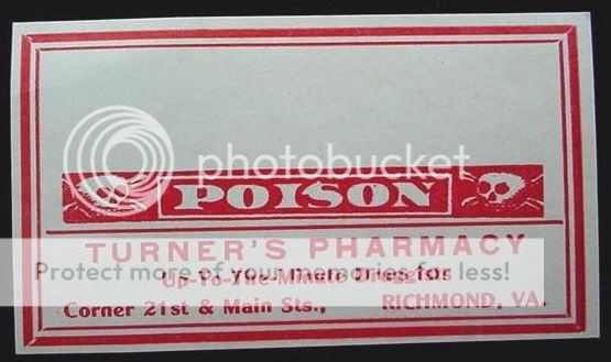 Turner Pharmacy Poison Label Skull Cross Bones Richmond  